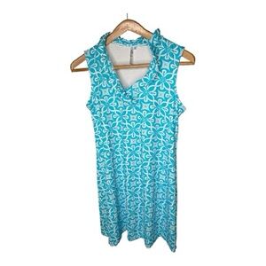 Lulu B Ruffle Neck Dress Size Medium Sleeveless Blue White Floral Knee Length